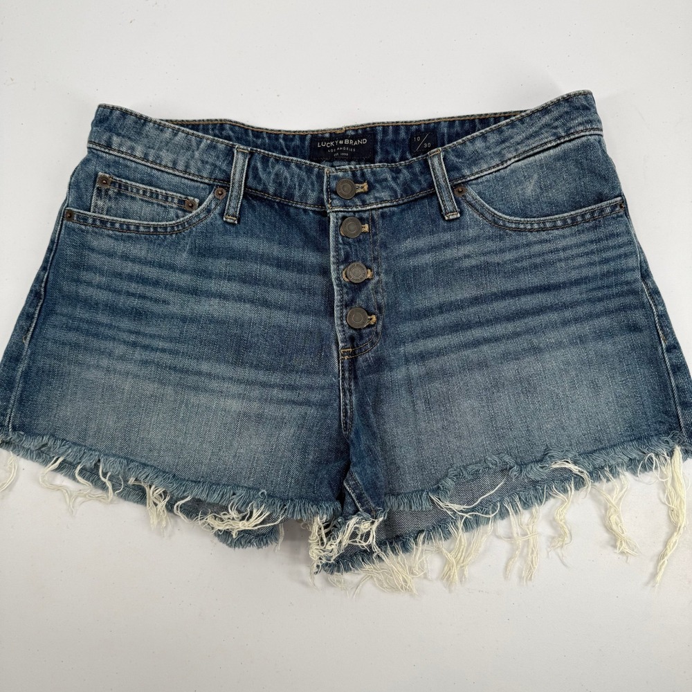 Lucky Brand The Cut Off Denim Shorts Blue Button Fly Frayed Hem Size 10/30